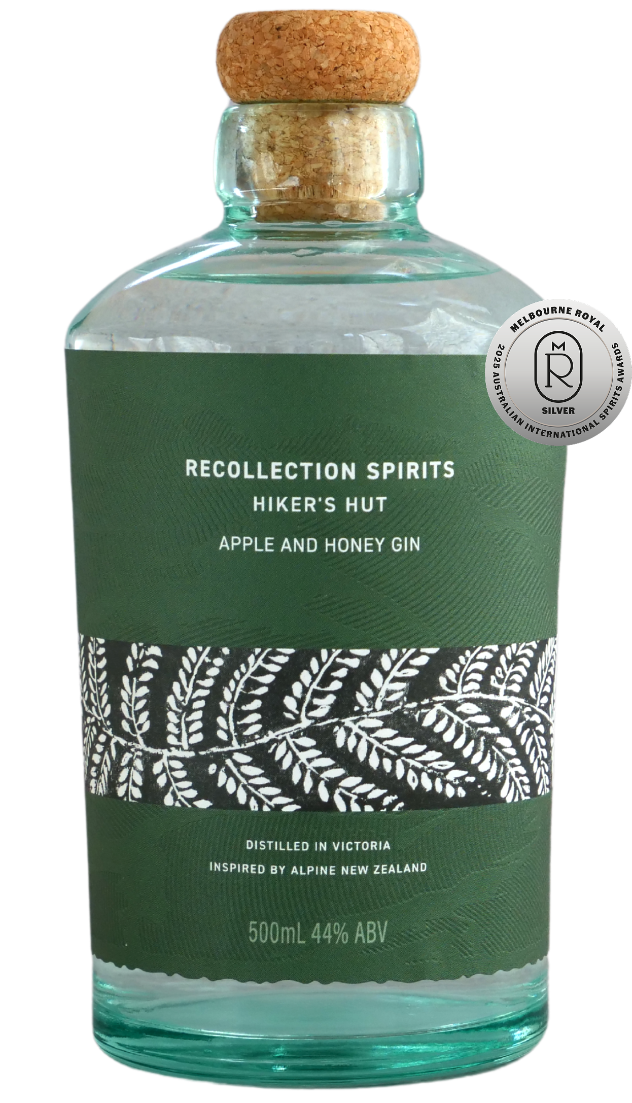 Hiker's hut apple and honey gin bottle with green label