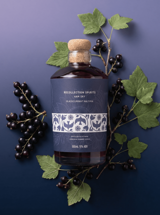 Bottle of blackcurrant schnapps with leaves and berries on a dark background